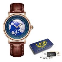 2023 m. LIGE vyriški laikrodžiai Fashion Blue Planet Creative Earth Quartz rankinis laikrodis Odinis sportinis vyriškas laikrodis + dėžutė ruda/mėlyna