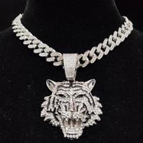 Vyrų Moterų hiphopo tigro pakabukas karoliai su 13 mm Majamio kubietiška grandine „Iced Out Bling“ hiphopo karoliai Madingi žavūs papuošalai 28inch(70cm)
