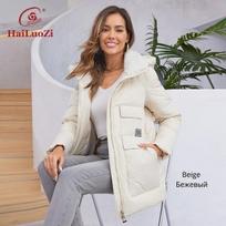 HaiLuoZi 2023 Nauja Moteriška žieminė pūkinė striukė trumpa klasikinio dizaino iškirptė su kailiu Moteriška Parkas Moteriška kišenė su užtrauktuku 1112 S smėlis