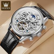 OLEVS Atsparus vandeniui Visiškai tuščiaviduris Automatinis mechaninis laikrodis su Tourbillon Odinis dirželis Vyriški laikrodžiai Mėnulio fazė Daugialaikis laikrodis sidabras