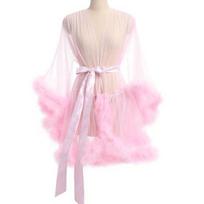 Moteriški naktiniai marškiniai su pliušiniu apvadu, itin plonas permatomas tinklelis, raukinys su reguliuojamu juosmens raišteliu, vienspalviai, klostuoti, vulgari apranga vakarėliui, naktiniai drabužiai S rožinė