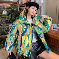 Winter Women Graffiti Print Down Jacket Fashion Hooded Thick Short Parka Coat Chic Loose Streetwear Outwear M