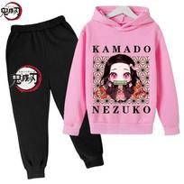 Demon Slayer Anime Tanjiro&Nezuko Print Vaikų Džemperis su Gobtuvu+Kelnės 2 vnt. Rinkinys Pavasaris Ruduo Vaikų Mergaičių Madingi Drabužiai Gatvės Sportinis Kostiumas 160 rožinė