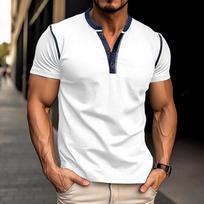 Madingi vyriški trumpomis rankovėmis Henley marškinėliai nauji vyriški apvalios kaklo t-shirt spalvų blokų marškinėliai viršutiniai drabužiai XL balta