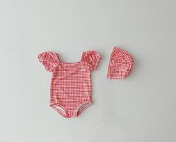 Ins24 Kūdikių mergaičių vasaros maudymosi kostiumėlių rinkinys: Įeina maudymosi kostiumėlis, plaukimo kepuraitė, kuprinė ir kombinezonas paplūdimio dienoms 90 cm raudona