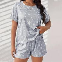 Didelio dydžio šilkinė pižama moterims, komplektas, marškinėliai, šortai, 5xl, namų drabužiai, moterių miego drabužiai, madingi, minkšti, animaciniai, kasdieniai, naktiniai drabužiai su žvaigždėmis ir mėnuliu 2XL pilka spalva