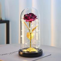 Auksinė folijos rožė su akrilo dangteliu – puiki dovana gimtadienio ir Valentino dienos proga Acrylic Cover Black Base + No Petals + Warm Light