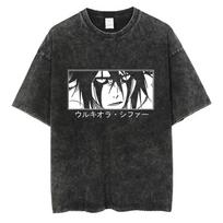 Ulquiorra Cifer marškinėliai Bleach Anime marškinėliai Apvalia kaklo išskalbti marškinėliai Japoniški Harajuku Unisex viršutiniai drabužiai Laisvalaikio trumpos rankovės S juoda