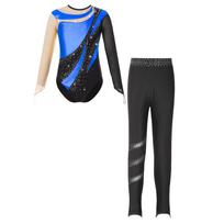 Mergaičių gimnastikos triko metalinis patchwork tinklelis ilgomis rankovėmis su rakto skylute nugaroje blizgūs cirkoniai leginsai 11-12 Years karališkos mėlynos spalvos