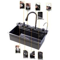 Banginio Lietaus Nerūdijančio Plieno Didelė Vieno Dubens Daugiafunkcinė Virtuvės Kriauklė su Skaitmeniniu Ekranu 68x45 (Nano Black)