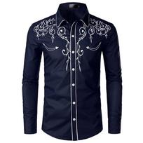 Vyriški vakarietiški kaubojų siuvinėti marškiniai Slim Fit, laisvalaikio marškinėliai ilgomis rankovėmis, užsegami vakarėliui, S-2XL 6XL tamsiai mėlyna spalva