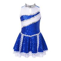 Mergaičių šokio kostiumas cheerleadingui, be rankovių, blizgučių aplikacija, mozaikos stilius, paslėptas užtrauktukas nugaroje 5-6 Years karališkos mėlynos spalvos