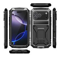 360° apsaugantis tvirtas karinio lygio metalinis dėklas iPhone 17 Pro / Air / 16 Pro Max telefonui, atsparus smūgiams, su įmontuotu silikoniniu dangteliu ir grūdintu stiklu iPhone17 Pro Max juoda