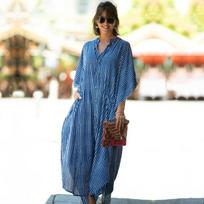 Siuvinėjimas Caftan paplūdimio tunika paplūdimio dangtis Saida de Praia maudymosi kostiumėlis, moteriškas bikinis One Size tamsiai mėlyna spalva