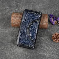 „Johnature Retro“ moteriška piniginė ilga rankinė Natūralios karvės odos rankų darbo reljefinė gėlėta telefono piniginė mėlyna