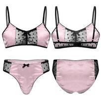 Vyriškas satininis apatinių trikotažų kostiumėlis Sissy naktiniai drabužiai perregimas tinklelio patchwork liemenėlės viršus su kelnaitėmis-stringais XXL violetinė