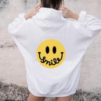 Spalvotas Šypsenos veidukas su gobtuvu Moteriški megztiniai megztiniai Megztiniai Madingi grafiniai grynos medvilnės Streetwear džemperiai, tinkantys gobtuvai S balta
