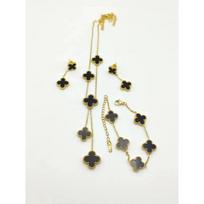 3vnt dvipusis keturių lapų žolės karolių auskarų apyrankių rinkinys Necklace+Bracelet+Earring juoda