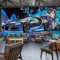 Gatvės grafičių tapetai Sportiniai automobiliai Kūrybingi 3D ekrano užsklanda, skirta restorano kavinės baro dekoravimui, sienų tapybai 200 cm(W) x 140 cm(H) black