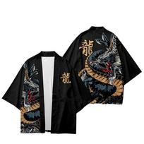 Kinų stiliaus drakono totemo taoistinis chalatas, 3D spausdintas japoniškas megztinis kimono naktiniai marškiniai L