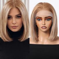 HAIRCUBE Trumpas Bob tiesių žmogaus plaukų perukas su nėriniu priekyje Rudo atspalvio šviesus Remy žmogaus plaukų perukas Moterims