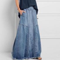 Moteriški medvilniniai laisvi, dideli bohemiški džinsiniai maksi sijonai Falda Lady 4XL Boho Vintage ilgas džinsinis sijonas S šviesiai mėlyna spalva