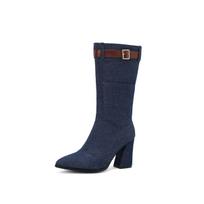 Krazing Pot denim Autumn Winter Shoes Thick High Heels Stone belt decoration Keep Warm mid-calf-Boots 34 mėlyna