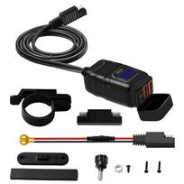Motociklo USB telefono įkroviklis, atsparus vandeniui, dviejų prievadų QC3.0 USB greitasis įkroviklis su 12V voltmetru ir įjungimo/išjungimo jungikliu bei 10A saugikliu, SAE į USB adapteris 6.7*5.8*3.3cm mėlyna