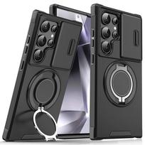 Šarvų žiedo laikiklis telefono dėklas, skirtas Samsung S25 Ultra-Hard Shell smūgiams atsparus objektyvas, stumdomas langas, automobilio magnetinis dangtelis, skirtas Samsung S25/S24/S23/S22/Ultra/Plus Samsung S25+ juoda