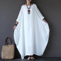 Moteriška lininė medvilninė laisva plati ilga maxi suknelė chalatas viršus madinga 3/4 rankovės didelio dydžio apvali kaklo iškirptė suknelė Ramadanui M balta