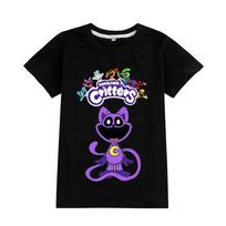 Vasariniai marškinėliai apvaliu kaklu su 3D Smiling Critters spauda, madingi kasdieniai marškinėliai trumpomis rankovėmis vaikams, berniukams ir mergaitėms, unisex 130 juoda