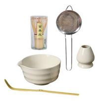 5 vnt. japoniškas matcha arbatos rinkinys: snapelis, matcha dubenėlis, bambukinis šluotelė ir laikiklis, sietelis, samtelis, amatininkų matcha ruošimo rinkinys balta