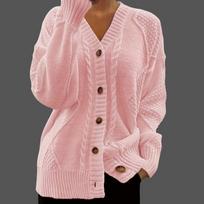 Women's Solid Color V-Neck Long Sleeve Cable Knit Cardigan Sweater Coat M rožinė