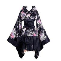 Japoniško Anime Cosplay Kimono Nėriniai Lolita Vyšnių Žiedų Spaudinys Helovino Karnavalinė Suknelė Moterims XXXL juoda