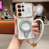 Banguoto rėmelio riešo dirželio telefono dėklas, skirtas Samsung Galaxy S22 S23 S24 S25 Ultra Plus Edge A55 A54 A56 A36 A24, silikoninis minkštas apsauginis dangtelis, magnetinis stovas Samsung S25 FE balta