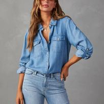 Moterų džinsiniai marškiniai Vienspalviai Atverčiama apykakle Ilgomis rankovėmis Jean marškiniai Vienspalviai Laisvi Kasdieniai viršutiniai drabužiai Streetwear S tamsiai mėlyna spalva