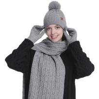 3 vnt./kompl. Moteriška kepurė, šalikas, pirštinių komplektas, vienspalvis, pynimo tekstūros, su šiltu pamušalu, su bumbulu, megzta kepurė, ilgas šalikas, pirštinių komplektas pilka
