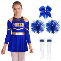 Vaikų mergaičių linksmybių lyderio kostiumas Helovino Cosplay vakarėlio apranga Uniforma suknelė ilgomis rankovėmis su „Pom Poms“ plaukų kaklaraiščiais kojinėmis 5-6 Years