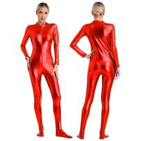 S-3XL Moteriškas blizgus metalinis Zentai kombinezonas visam kūnui, su paaukštintu kaklu, ilgomis rankovėmis, užtraukiamas priekyje, Unitard, skirtas pasirodymams ir klubui L raudona