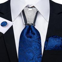 Formalus vyriškų kaklaraiščių rinkinys Sidabrinis kaklaraiščių žiedas tamsiai mėlynas Paisley kaklaraiščiai Šilkiniai rankogalių sąsagų rinkinys vestuvių vakarėliui 1435