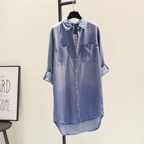 Pavasario kieto džinsinio marškinėlio suknelė Laisvalaikio viršūnės Madingi kišeniniai marškinėliai ilgomis rankovėmis moterims Elegantiški vidutinio ilgio laisvi drabužiai 24120 M mėlyna