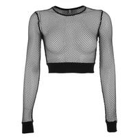Trumpi viršutiniai moteriški juodi tinkliniai marškinėliai ilgomis rankovėmis Slim Dance Crop Top marškinėliai su žuvies tinkleliu S juoda
