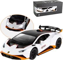 1:24 mastelio lydinio liejamas automobilio modelis, skirtas Lambo Huracan STO 2021, traukimo atgal transporto priemonių modelių automobilių žaislas su šviesa ir garsu, skirtas vaikams, suaugusiems 1/24-21x8.5x5.5cm oranžinė/balta