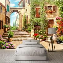 „European Town Street View“ 3D stereofoninės erdvės sienų tapetai Sodo tapetai, didelė panoraminė erdvė svetainės ir miegamojo sienų dekoravimui 330 cm(W) x 240 cm(H) white