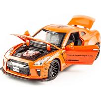 1/32 mastelio „Nissan GTR Diecast“ automobilio modelio žaislas, ištraukiama žaislinė transporto priemonė su garsu ir šviesa vaikams, mažiems berniukams, mergaitėms, dovanų kolekcija 1/32-14.5x6x4.5cm oranžinė