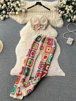 Megztos Paplūdimio Dvieilės Dalys Moterims Petnešėlės Mini Camisole + Elastingas Juosmuo Ilgos Kelnės Rinkinys Gatvės Stiliaus Tuščiaviduriai Laisvalaikio Rinkiniai One Size balta