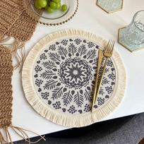 4 vnt. Boho pintų apvalių padėkliukų rinkinys, rankų darbo stalo kilimėliai, pintas džiuto kilimėlis su kutais, retro stalo dekoras, kutuotas kavos padėkliukas, kailinis kamuoliukas, valgomojo kilimėlis, pomponas, namų dekoras 33X33cmX4pcs gray