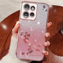 Telefono dėklas Motorola Edge 50 Neo 5G, Blizganti rožinė gėlė, Skaidrus, Atsparus smūgiams, Prabangus, Deimanto spindesys, Apsauginis dangtelis Moto Edge 50 Neo rožinė