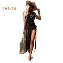 Boho paplūdimio suknelė moterims tuščiaviduriai kutais Hem seksuali apdangalo suknelė vasaros maudymosi kostiumėliai nėrimo kutais diržas paplūdimio apranga juoda