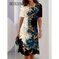Madinga Elegantiška Moteriška Suknelė Dydis Plius 8XL 9XL Trumpomis Rankovėmis Apvalia Kaklo Iškirpte Atsitiktinė Atostogų Šventės Suknelė Didelis Dydis Gėlių Rašto A-linijos Suknelė S